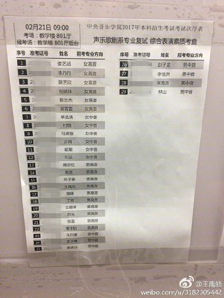 聲樂歌劇系專業復試綜合表演素質考查名單