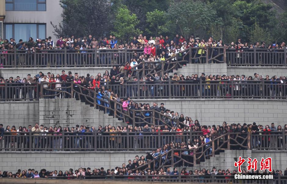 重慶上萬粉絲在南濱路等待《奔跑吧兄弟》節目的錄制。