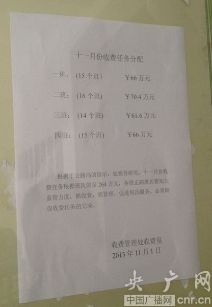 收費處辦公區張貼的收費任務分配表(央廣網記者 王利 攝)