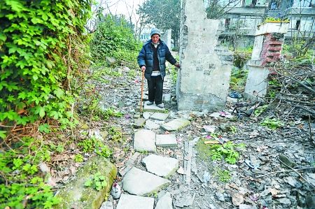 昨日，大渡口區，徐建高老人走在他鋪成的石子路上。 記者 張路橋 攝