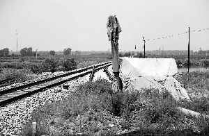 6月30日， 農戶用搭建的窩棚和電線桿阻擋了鐵路的施工。新華社發