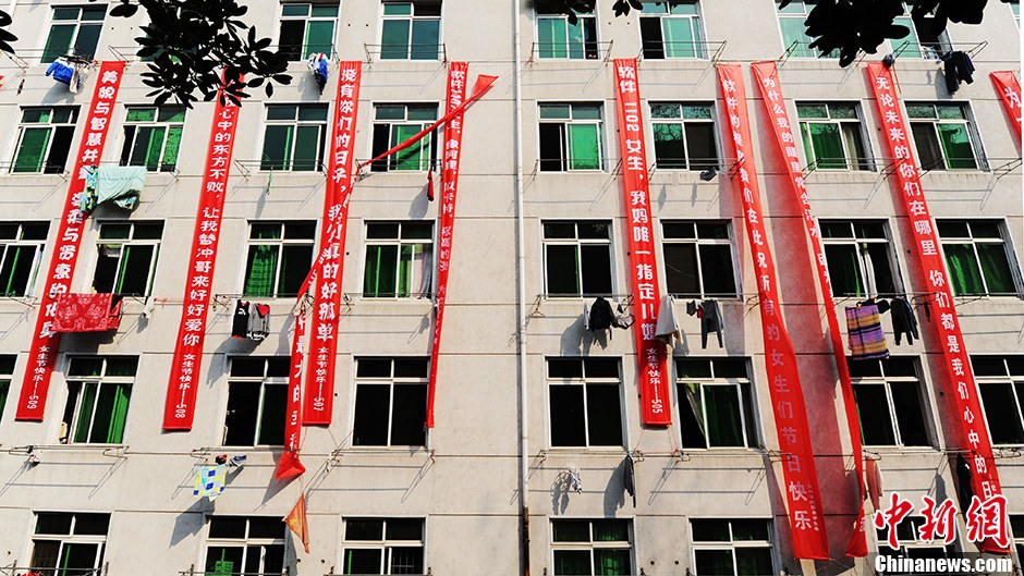 圖為男生宿舍掛起的二十多條橫幅。 圖為男生宿舍掛起的二十多條橫幅。