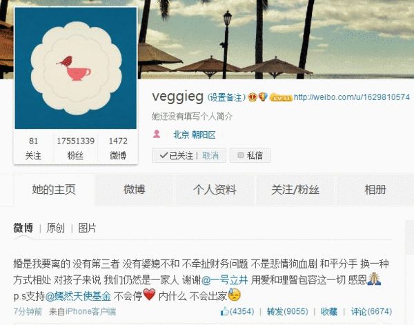 王菲離婚后微博首發聲辟謠：沒小三 不出家