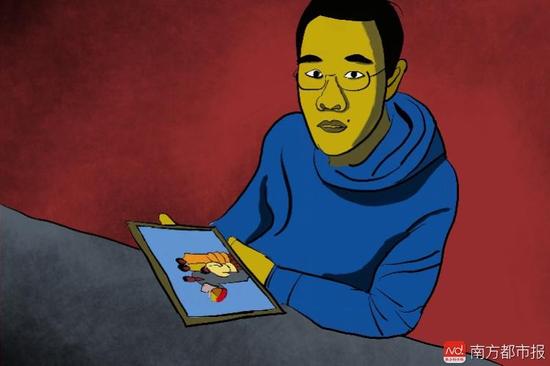 王煥凱看著一家人幸福的合照,黯然神傷,悔不當(dāng)初。(畫(huà)作者:吳斌)