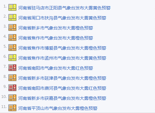 河南發布11個大霧預警 河南發布11個大霧預警