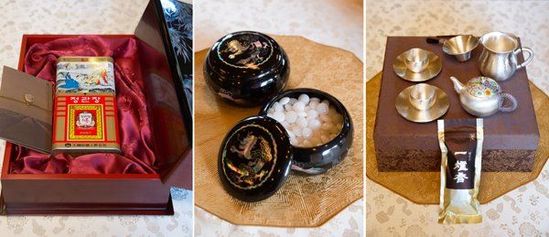 　當(dāng)?shù)貢r間2014年7月4日，韓國總統(tǒng)樸槿惠向中國國家主席習(xí)近平贈送的紅參和茶具等。