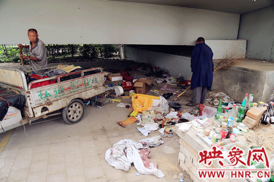 負責高架橋下綠化的人員在清理流浪漢留下的垃圾和雜物。