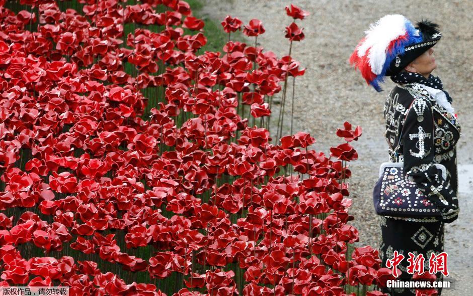 當地時間2014年11月10日，英國倫敦，倫敦塔周邊“種植”了888246朵陶瓷材質的罌粟花，以此紀