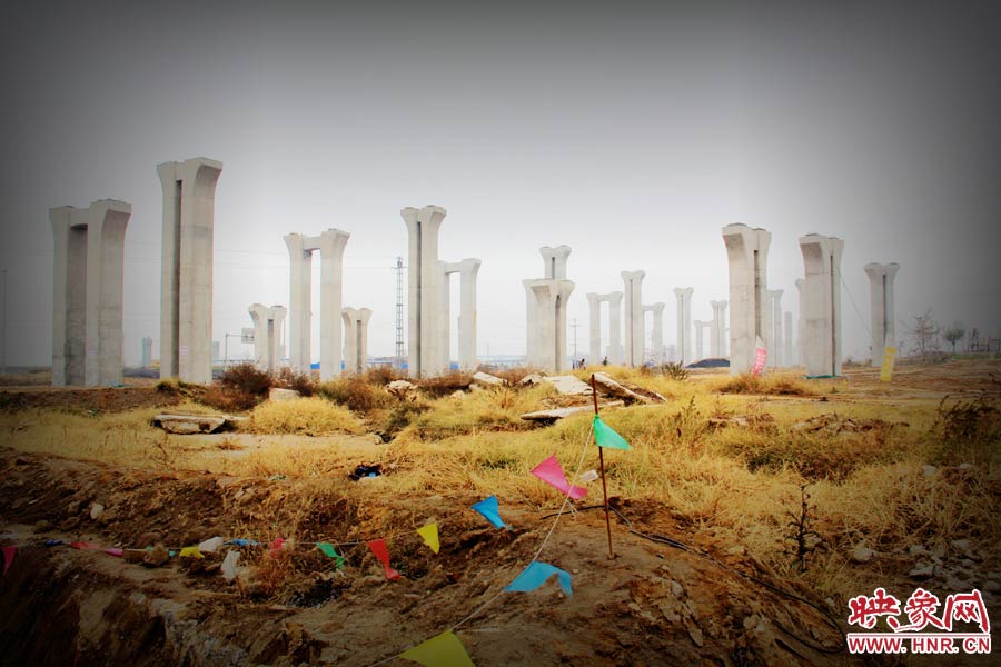 由于項目已經停工數月，施工工地上很難見到工人，設備也很少，雜草叢生，顯得非常荒涼。