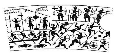 衛輝市山彪鎮發掘出的戰國水陸攻戰紋銅鑒，上面有古人乘舟水戰的場面。